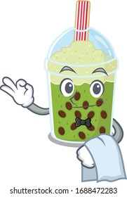 A design of matcha bubble tea cartoon character working as waiter