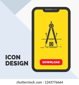 Design, measure, product, refinement, Development Glyph Icon in Mobile for Download Page. Yellow Background