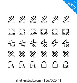 Design and Media Related Icon set. Contains such Icons as Full Screen, Flash, Pencil and Ruler, Eyedropper, Lock. Vector Flat Icon Set in Line Style for Mobile application or Web site