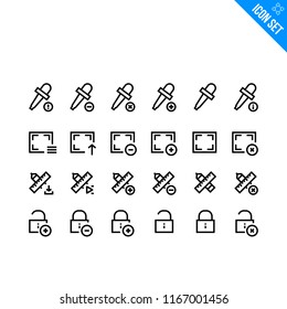 Design and Media Related Icon set. Contains such Icons as Full Screen, Pencil and Ruler, Eyedropper. Vector Flat Icon Set in Line Style for Mobile application or Web site