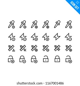 Design and Media Related Icon set. Contains such Icons asIcons as Eyedropper, Flash, Pencil and Ruler, Lock. Vector Flat Icon Set in Line Style for Mobile application or Web site