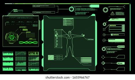 Diseño de análisis médico. Hud. Elementos de interfaz. Examen médico moderno estilo HUD. Diseño de futuro de la salud con antecedentes tecnológicos. Examen médico moderno estilo HUD.