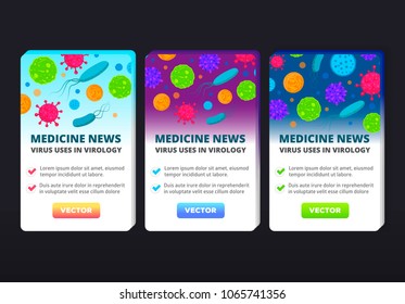 Design of medicine banner. Vertical vector banners with bacteria and microbe organism advertising concept for web and promotional materials. Medical news template about virology.