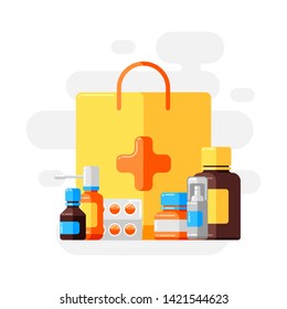 Design with medicine bottles and pills. Medical illustration in flat style.