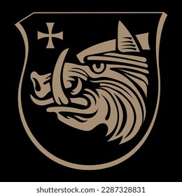 Design in a medieval knightly style. Knight s shield with boar's head, heraldic sign, isolated on black, vector illustration