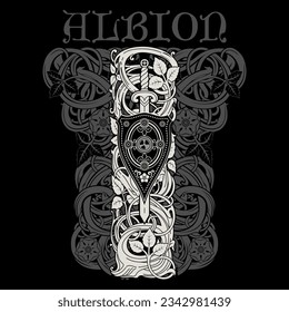 Design in a medieval knightly style. Knightly shield and sword in a frame of curly stems, leaves and rose flowers, isolated on black, vector illustration