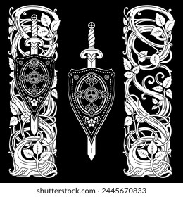 Design in a medieval knightly style. Knightly shield and sword in a frame of curly stems, leaves and rose flowers, isolated on black, vector illustration