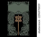 Design in a medieval knightly style. Knightly sword in a frame of curly stems, leaves and rose flowers, isolated on black, vector illustration