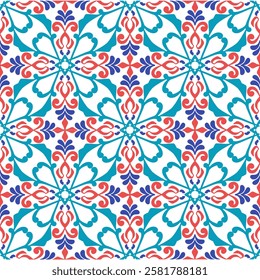 Design in Mediterranean seamless wallpaper style. Damask vector seamless pattern. Talavera pattern. Indian patchwork. Azulejos portugal. Turkish Tiles. Moroccan tile mosaic. Spanish pottery.
