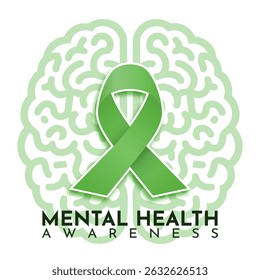 Design for Mental Health Awareness with a brain and green ribbon 