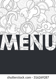 Design menu background doodle of pizza with ingredients. 