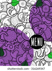 Design menu background doodle of pizza with ingredients.
