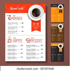 Design menu for a cafe or restaurant. Templates of different colors with drawings of hands and a cup of coffee. Vector illustration. Set