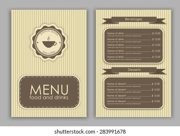Design a menu for coffee (cafe, bar, restaurant) in vintage style, logo and text. Vector illustration. set