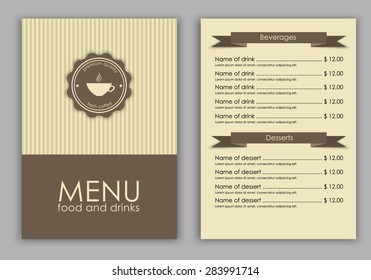 Design a menu for coffee (cafe, bar, restaurant) in vintage style, logo and text. Vector illustration. set