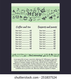 Design a menu for coffee in hand drawing style. Vector illustration. Set.