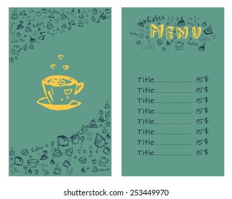Design a menu for coffee in hand drawing style. Vector illustration. Set.