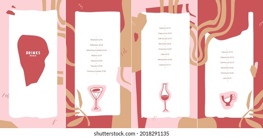 Design menu of drinks, cocktail, juice, wine, coffee, tea, champagne. Lines and abstract design elements. Creative template. Use as social media advertising