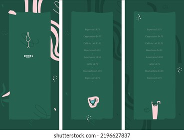 Design menu of drinks, cocktail,  wine, coffee, tea. Lines, abstract decorative shapes. Vector template. List, banner, booklet, flyer, brochure, layout. 