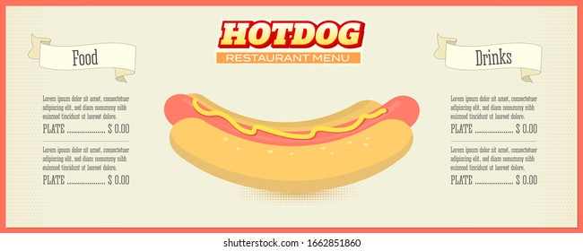 Design menu for fast food cafe or restaurant with icon of Hot dog. Menu for fast food service. Template for seller fast food, market, ad. Vector 3d illustration