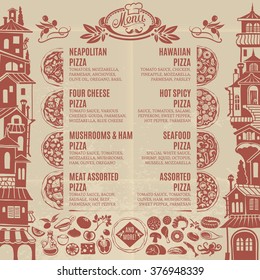 Design of Menu for Italian Restaurant with Different Sorts of Pizza and Ingredients