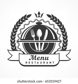 Design menu label with fork, spoon & knife, vector emblem for restaurant, illustration on white