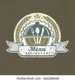 Design menu label with fork, spoon & knife, vector emblem for restaurant, illustration grange