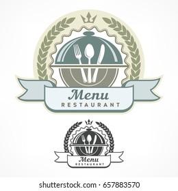 Design menu labels with fork, spoon & knife, vector emblem for restaurant, illustration