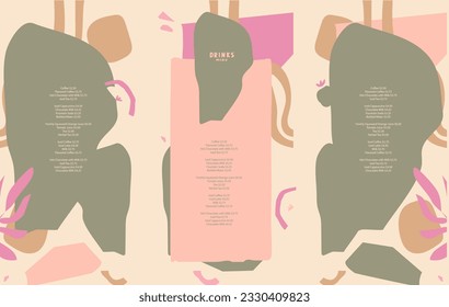 Design  menu. Pastel colors associated with sweet fruits and tasty additions to drinks. List, flyer, menu, banner. Layout for outdoor restaurant, pool bar. Abstract design elements. Green, pink, beige