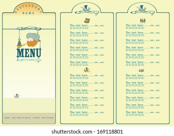 Design for menu.  Picture contains the images of  ship, sea, sea chest, fish, places for text and price.
