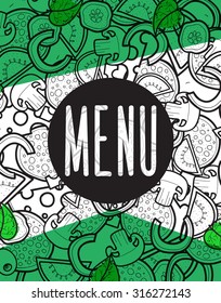 Design menu restaurant, background doodle of pizza with ingredients. 