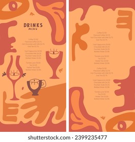 Design menu in the style of the 70s and 60s. Groovy style. Hand-drawn animated glasses with eyes, wave-like shapes, plant motifs. Smooth shapes of yellow, orange, brown colors. Booklet, flyer, list