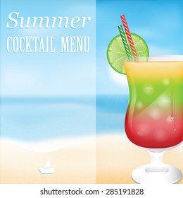  Design a menu for summer drinks.Summer cocktail on the background of the sea