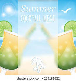 Design a menu for summer drinks.Summer cocktails on the background of the sea