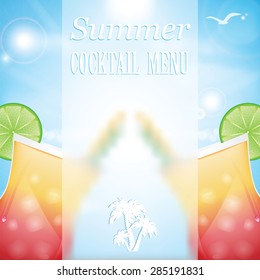 Design a menu for summer drinks.Summer cocktails on the background of the sea