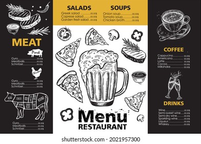 Design Menu template for restaurant, sketch illustration. Vector flyer
