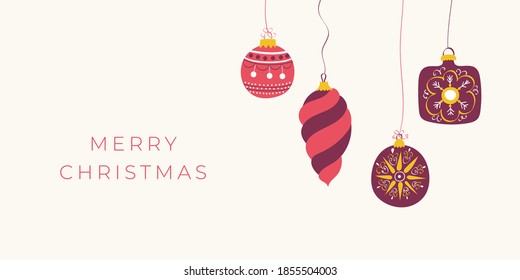 Design Merry Christmas banner template. Merry Christmas and Happy New year website layout. Hand drawn vintage Christmas decorations, Christmas balls. Trendy vector illustration