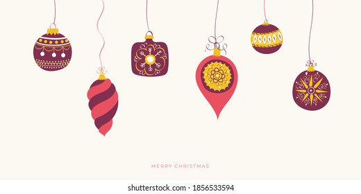 Design Merry Christmas banner template. Merry Christmas and Happy New year website layout. Hand drawn vintage Christmas decorations, Christmas balls. Trendy vector illustration