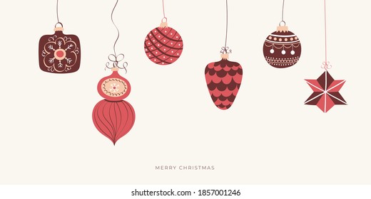 Design Merry Christmas banner template. Merry Christmas and Happy New year website layout. Hand drawn vintage Christmas decorations, Christmas balls. Trendy vector illustration