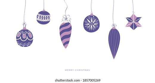 Design Merry Christmas banner template. Merry Christmas and Happy New year website layout. Hand drawn vintage Christmas decorations, Christmas balls. Trendy vector illustration