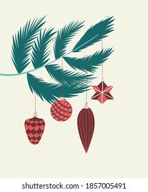 Design Merry Christmas banner template. Happy New year card  layout. Hand drawn vintage Christmas decorations, Christmas balls, Christmas tree. Trendy vector illustration