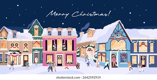 Design of Merry Christmas greeting card with snowy cityscape. Template of Xmas festive postcard. Layout with people, building, house facades at New Year time, winter holiday. Flat vector illustration