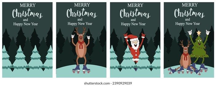 
Design Merry Christmas and Happy New Year set greeting cards, posters, holiday backgrounds cover. Xmas templates with typography in modern Groovy style for web site, social media, print