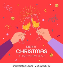 Design of Merry Christmas and Happy New Year card. Hands clink glasses for festive toast or cheers. Abstract colorful concept for celebration event. Hand drawn backgrounds for print, poster, banner