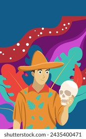 Design Mexican Boy Carry a Skull Flat Illustration