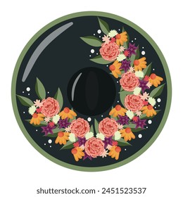 design for the Mexican Cinco de Mayo holiday, namely a black sombrero decorated with various flowers and green leaves, for posters, packaging or textiles