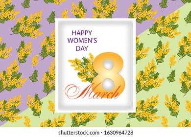 Design with Mimosa for March 8 International Womens Day. Light green and purple background with yellow flowers. Vector Illustration.