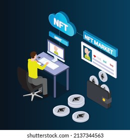 Design and minting NFT before selling it on the market and getting paid in ethereum isometric 3d vector