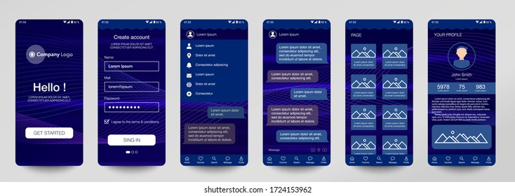 Design of mobile app Chat room, UI, UX, GUI. Set of user registration screens with login and password input, account sign in, sign up, home page. Modern Style. Minimal Application. UI Design Template