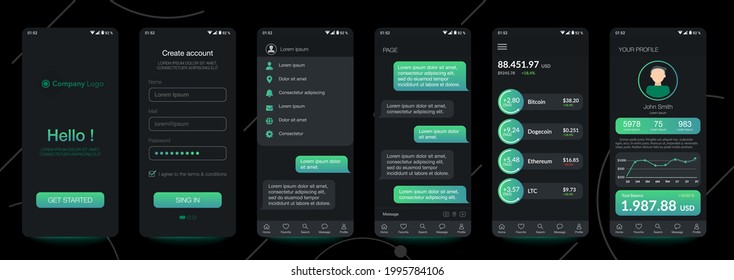 Design Of Mobile App Cryptocurrency Wallet, Chat Room, UI, UX, GUI. Set Of User Registration Screens With Login And Password Input, Account Sign In, Sign Up, Home Page. Template Application. UI Design